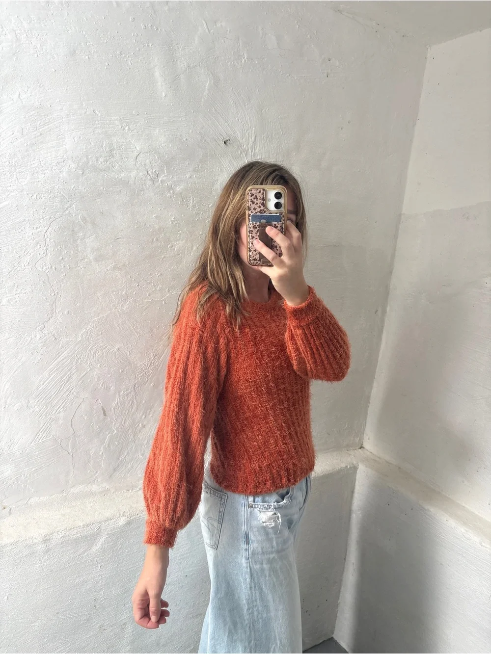 orange fuzzy balloon-sleeve sweater from Altar'd State